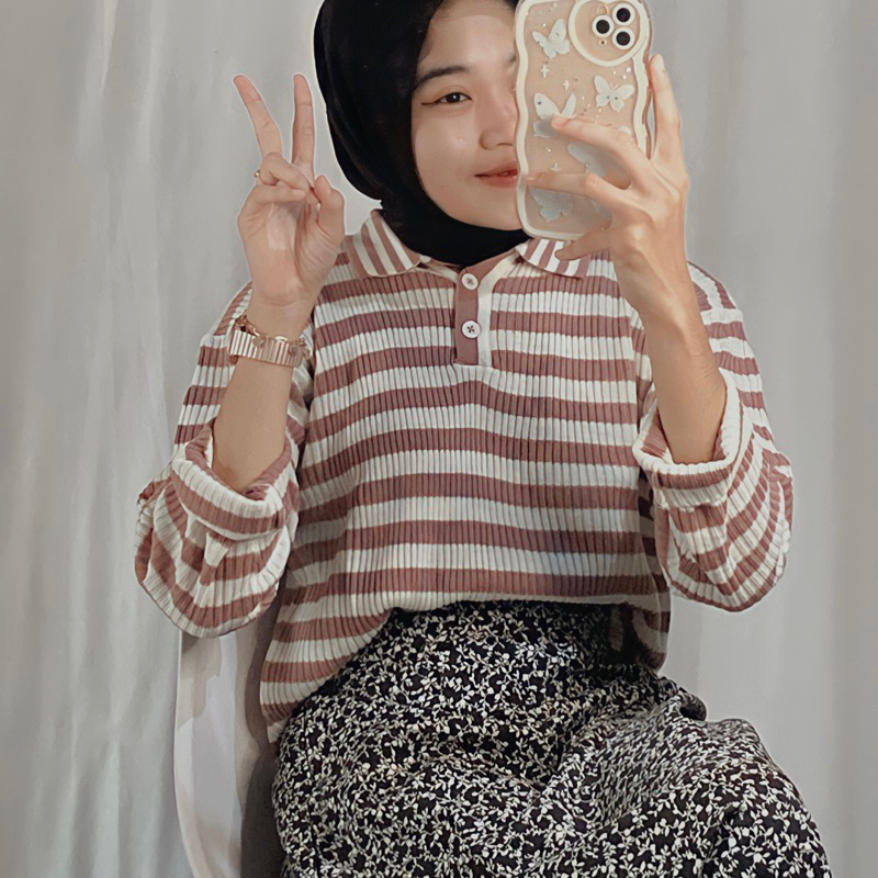 FREYA CROP BLOUSE RAJUT//ATASAN RAJUT WANITA BERKERAH POLO STRIPE