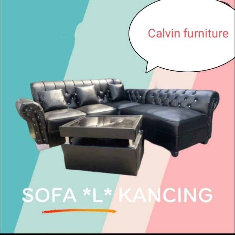 Sofa L Putus Kancing Oscar Wosh+Meja Murah berkualitas