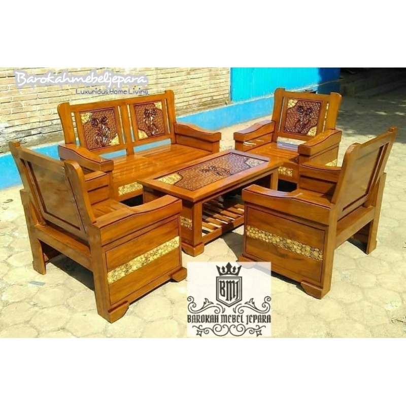 kursi jati ruang tamu mebel Jepara motif koin