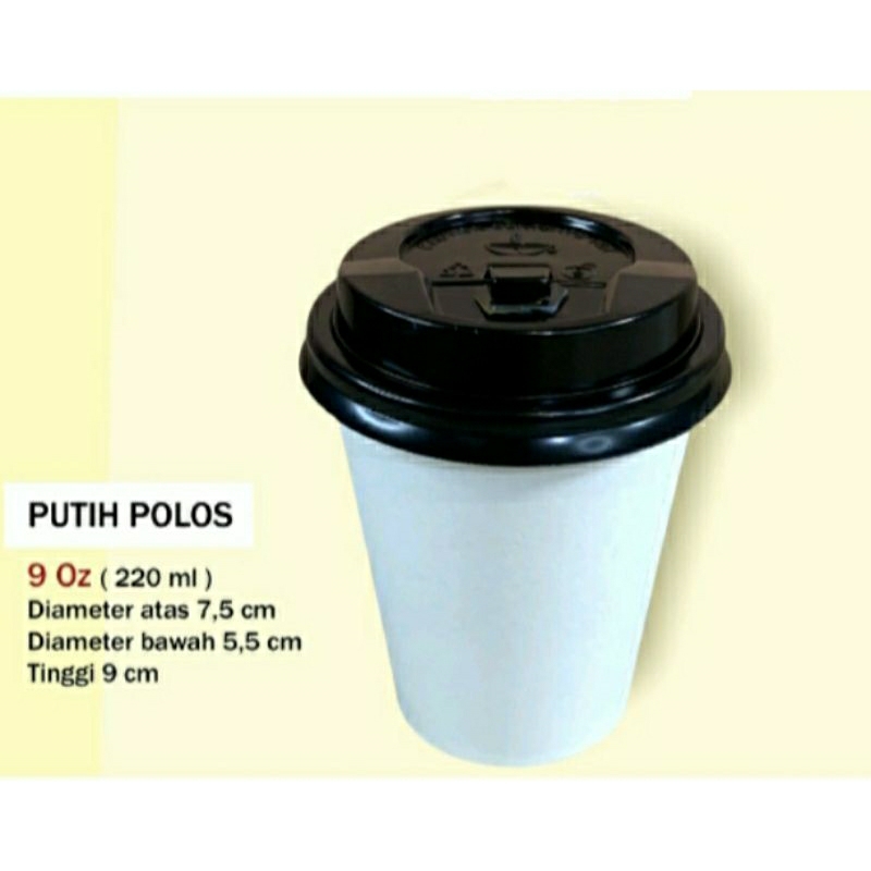 PAPER HOT CUP  9 Oz (220 ml)POLOS + TUTUP 1roll 50 pcs