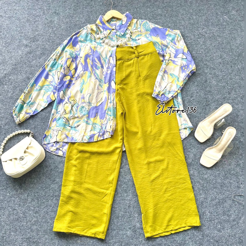 Bundling One Set Kemeja Oversize Rayon Motif + Cullote Crinkle Airflow Jumbo OOTD Fashion Remaja Dewasa Bestseller