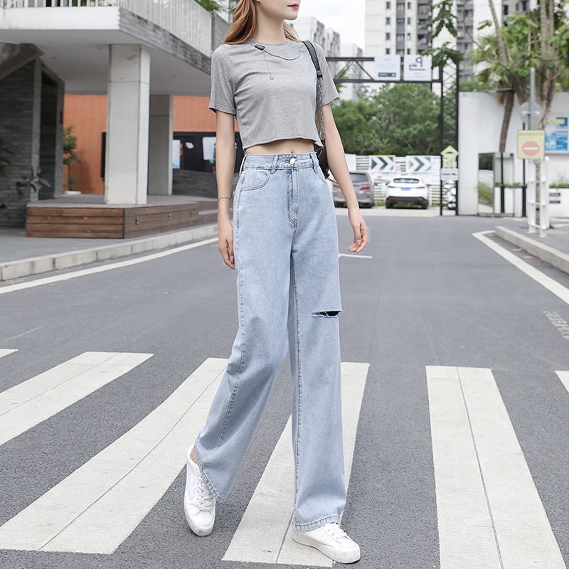 Biru Highwaist Robek Straight Celana Panjang Jeans Wanita Loose