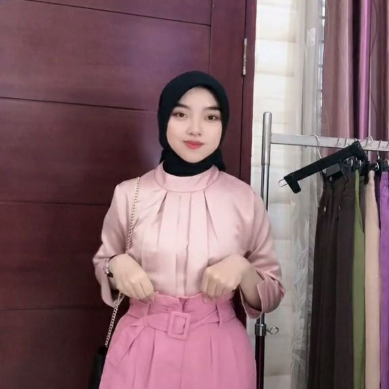 DEVY Blouse Satin - Cirebon Cloth / Atasan Leher Tinggi Hijab Friendly / Blus Formal Silk