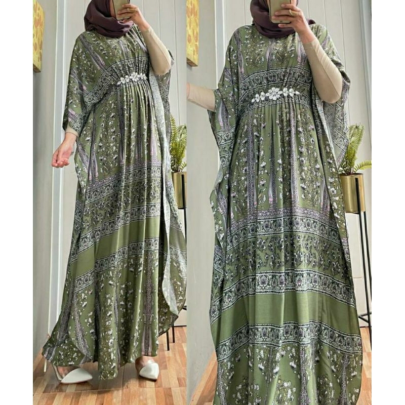 Laluna Kaftan, KAFTAN LEBARAN CANTIK MODIS BAHAN RAYON IMPORT MIX MUTIARA FIT XXL LD 120 TERMURAH TERLARIS OOTD