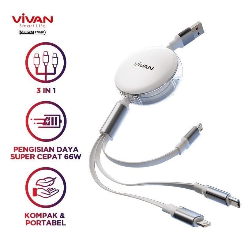(VRS01)Kabel Data 3 in 1 Fast Charging 6A 66W Micro USB Lightning Type C Black by VIVAN