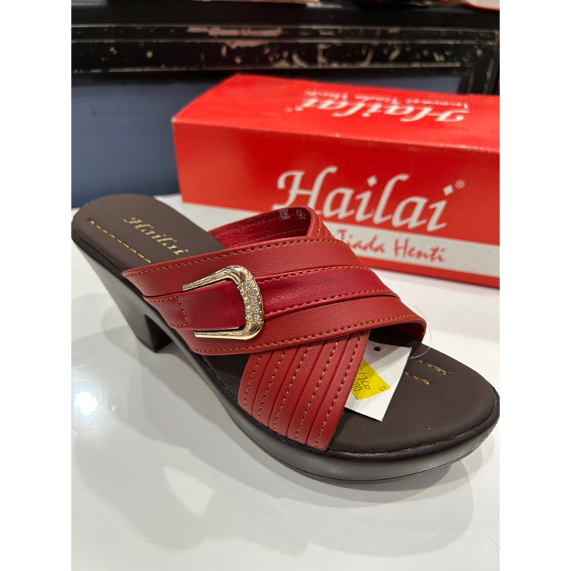 Sandal Wanita Hailai Merah Wedges Tali Gesper Heels 7CM [ORI 100%]