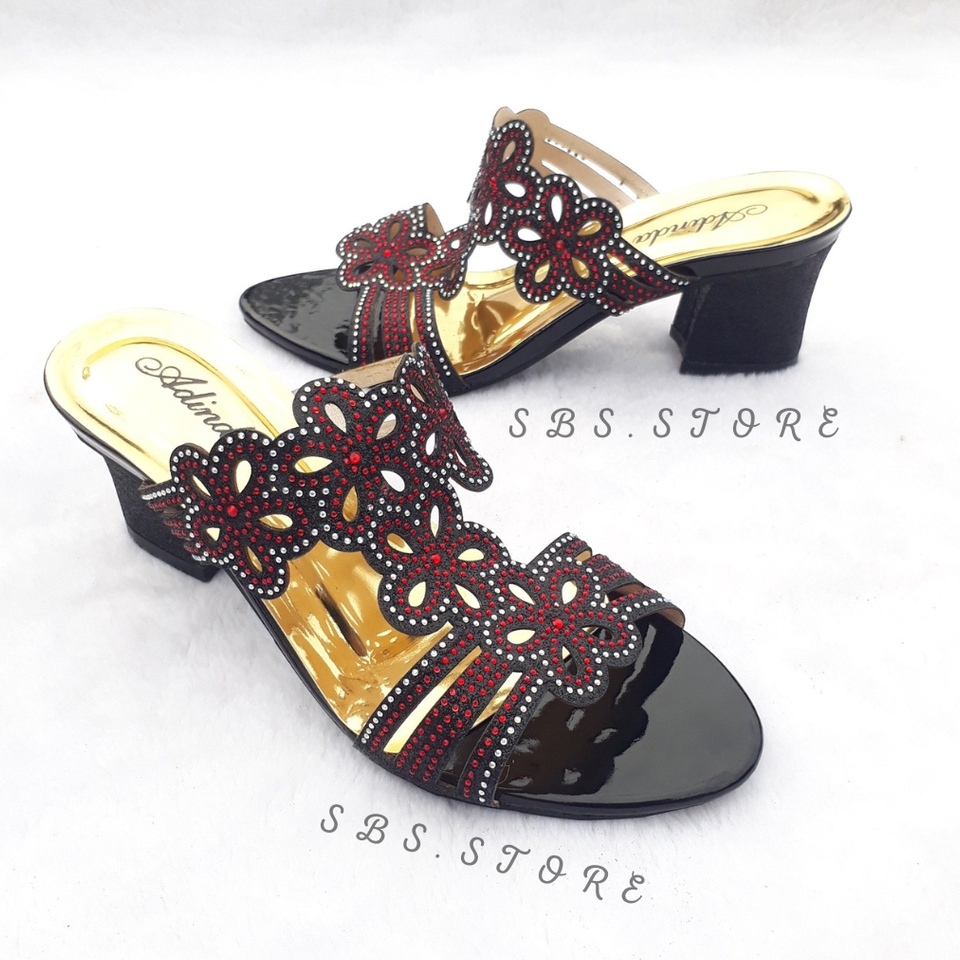 Sandal Pesta Wanita High Heels Mewah Motif Payet 06 Terbaru/Sendal Selop Wedges Hak Tahu 5cm Kekinian/Kondangan Pernikahan Pengantin