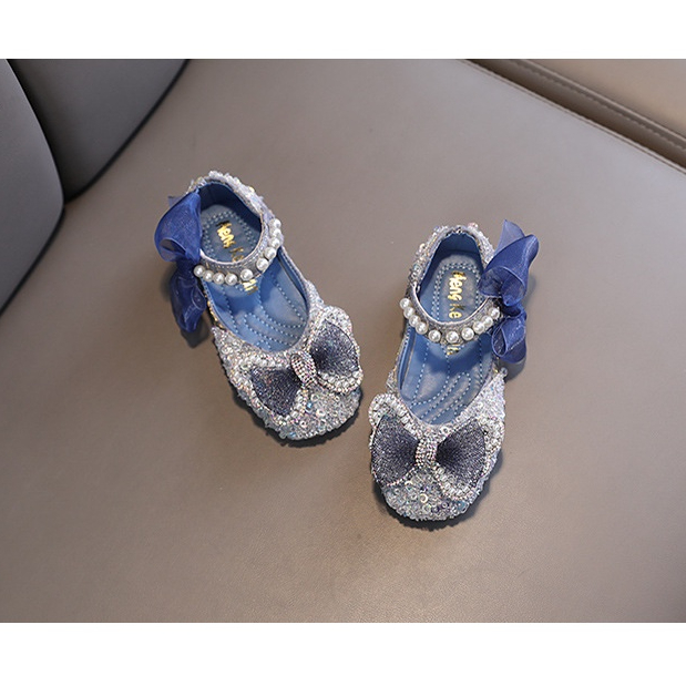 SH21-Sepatu Pesta Anak Perempuan Flat Import Mutiara Blink Aksen Ikat Pita