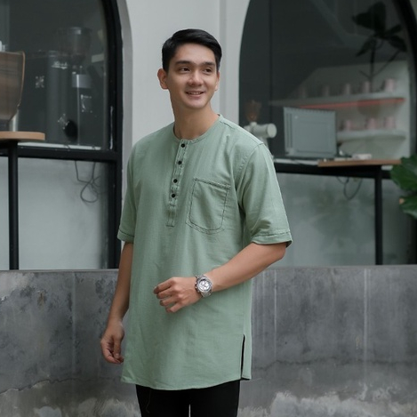 baju koko kurta pria dewas lengan pendek qurta arkana bahan linen premium original warna sage mustar