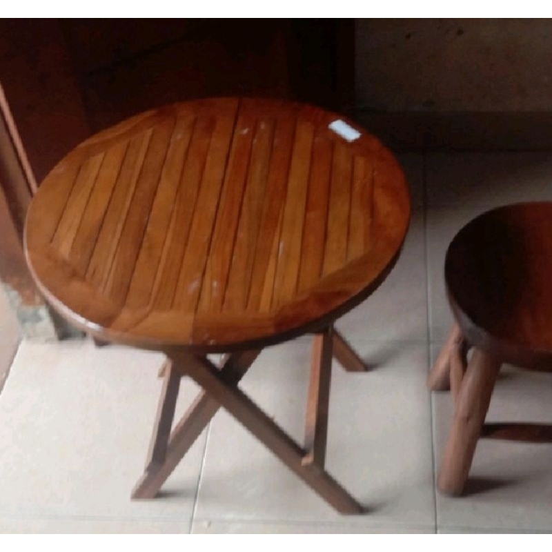 meja lipat meja teras bundar full kayu jati asli ukuran 50x50x50 Warna