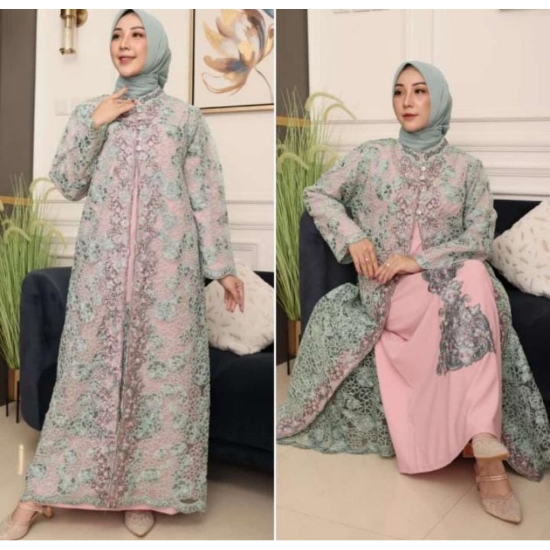 BAJU PESTA // INNER + OUTER // GAMIS LEPAS TILLE CORNELY FULL FURING BAHAN SAKURA //SERAGAMAN KELUARGA//BAJU LEBARAN// KEBAYA MODERN // KEBAYA WISUDA // By Bura