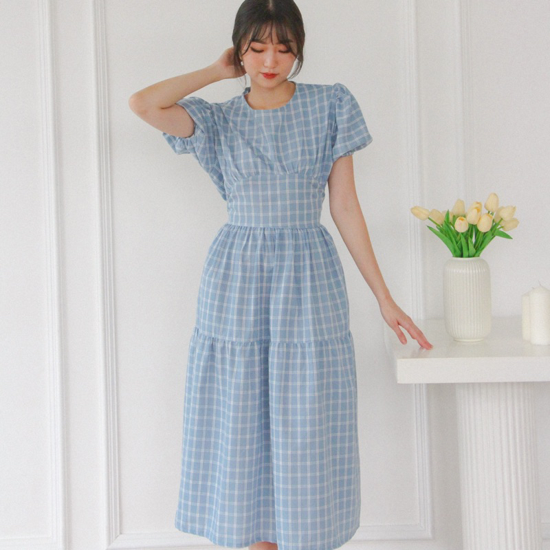 KANON - Asana Checkered Dress - Dress pantai / musim panas midi motif kotak-kotak korean look