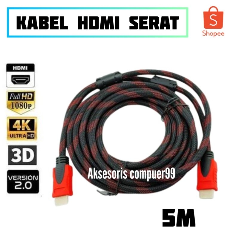 KABEL HDMI MALE TO HDMI MALE SERAT JARING 5 METER 1080P HD