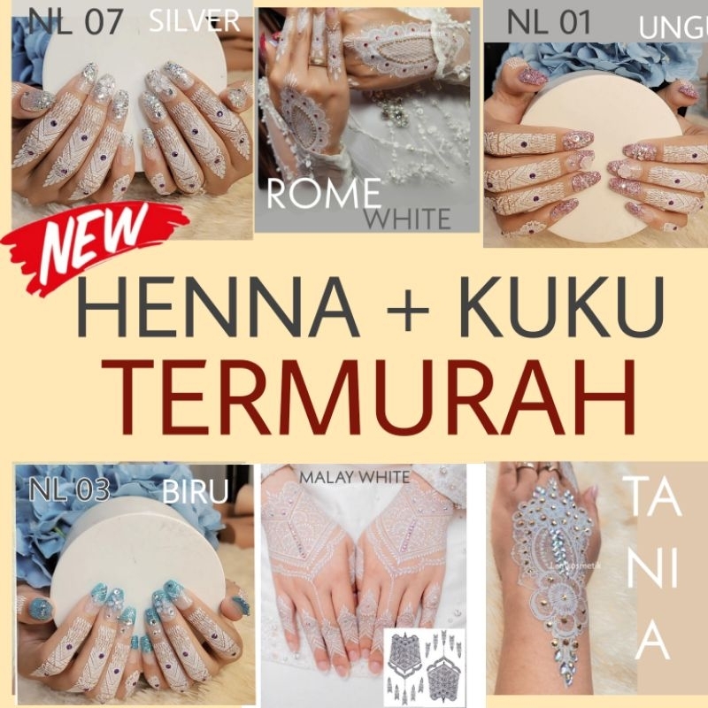 (HP+K) HENNA INSTAN PLUS KUKU BUNGA JAPAN (39 style) LENGKAP LEM MANIK GLITER