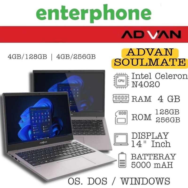 LAPTOP ADVAN SOULMATE CELERON N4020 WIN 11 RAM 4GB ROM 128GB GARANSI RESMI