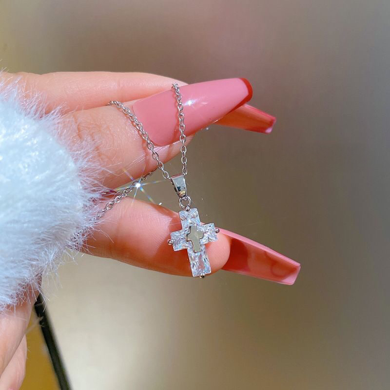 Kalung Titanium Silver Diamond Salib Premium Korea Fashion 550