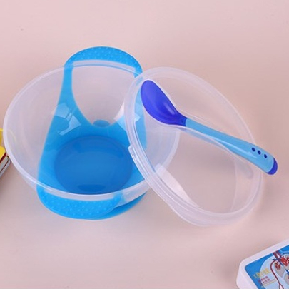 Mangkok Set Bayi Anti Tumpah Set MPASI Sensor Panas Tempat Makan Bayi Silicon Mangkok Anti Slip Alat Makan Bayi
