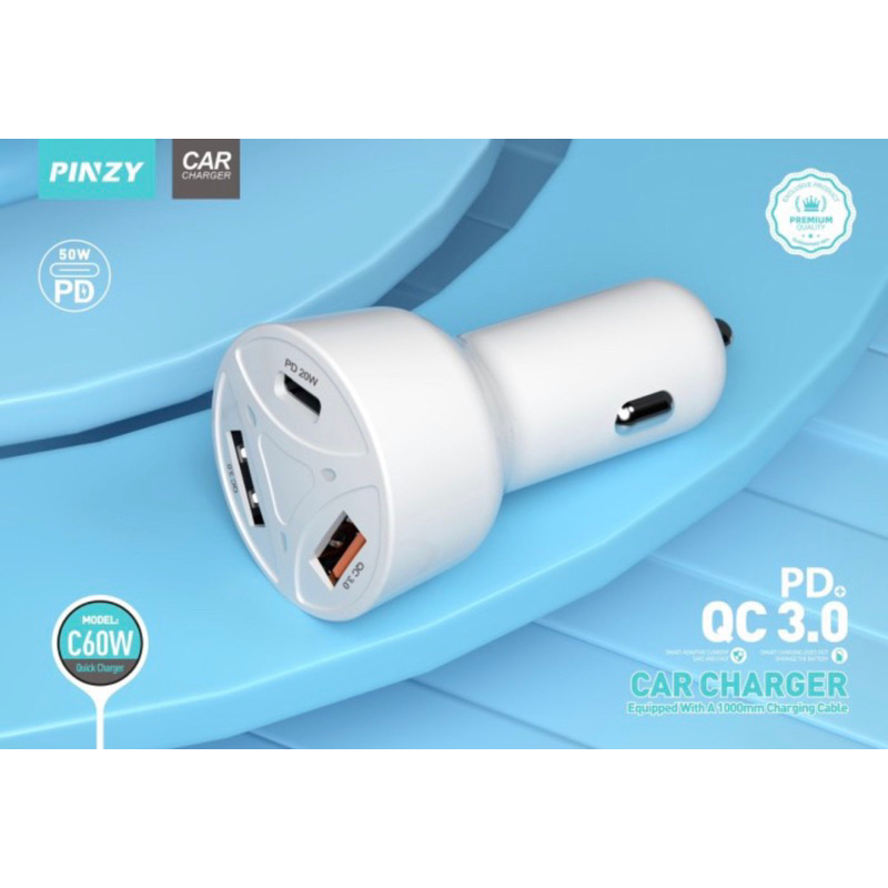 Saver PINZY C60w QC3.0+20W PD Car Charger 3 Port USB 5A Free Kabel - Saver PINZY C60W 3 Port