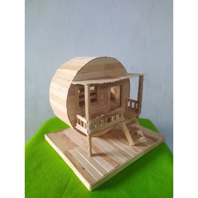 miniatur Rumah Lingkaran/Bulat Dari stick es krim, Kerajinan Stick Es Krim, miniatur rumah stick es 