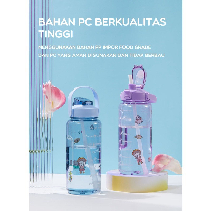 Bonbox BC60 BC70 Botol Minum Motivasi 2 Liter 2000ml1400ml Jumbo Tumblr Portable Sport Air Plastik Bening Handle Botol Minum VIral