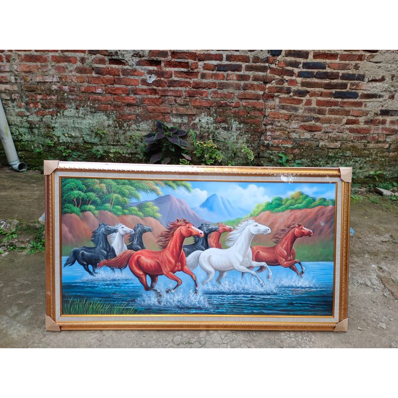 Lukisan kuda fengshui 8 ekor mewah siap pajang murah
