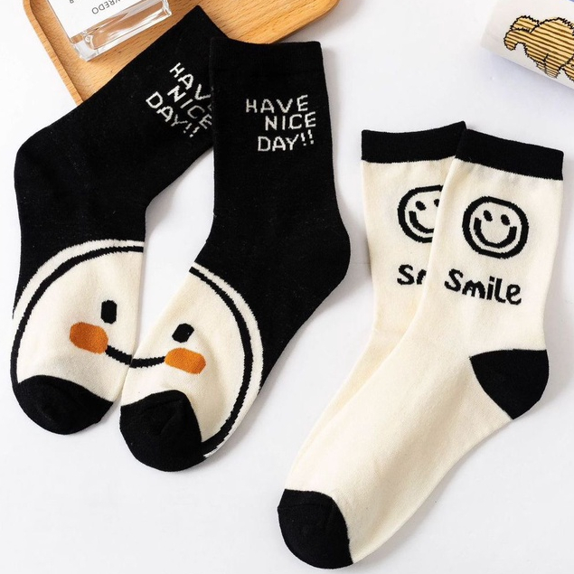 [littlecrab] Kaos Kaki Panjang Hitam Putih Smiley Emoticon Senyum Have A Nice Day Full Cotton Import Sock Stripe Smile Korean Style