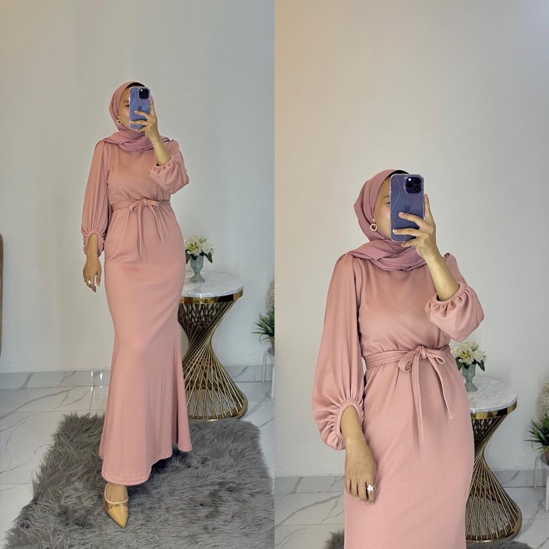 Tamstore Nadine Gamis Maxi Crinkle Long Dress Gaun Wanita Tali Pinggang