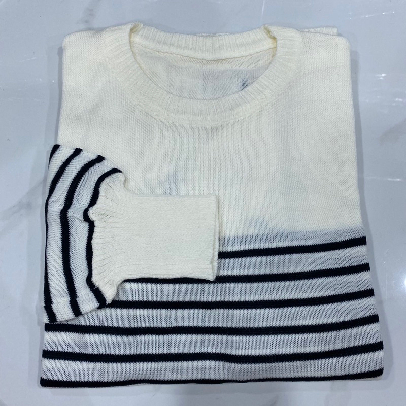 RISKA SWEATER  SALUR STRIPES BIGSIZE POLOS RAJUT HALUS ADEM BAGUS MURAH XL XXL TANGAN PANJANG