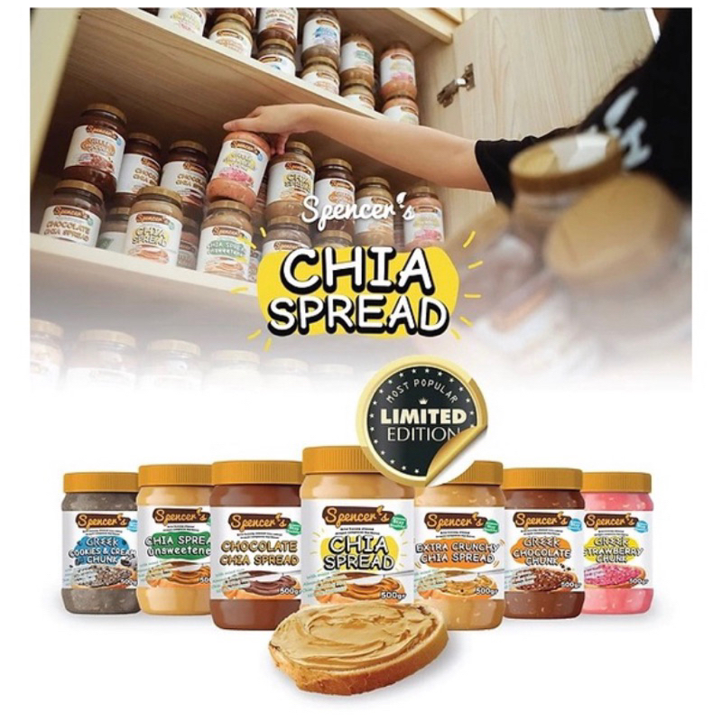 

Spencer’s Chia Spread (500g)- Original, Unsweetend, Xtra Crunchy, Chocolate Spencer’s