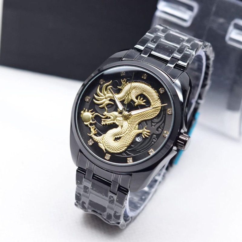 Jam Tangan Pria Rolex Naga Dragon Rantai Staintless Tanggal Aktif