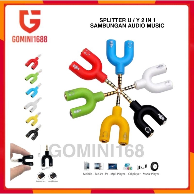 Splitter U / Y 2 in 1 to Sambungan Headset Splitter Mic Audio Music