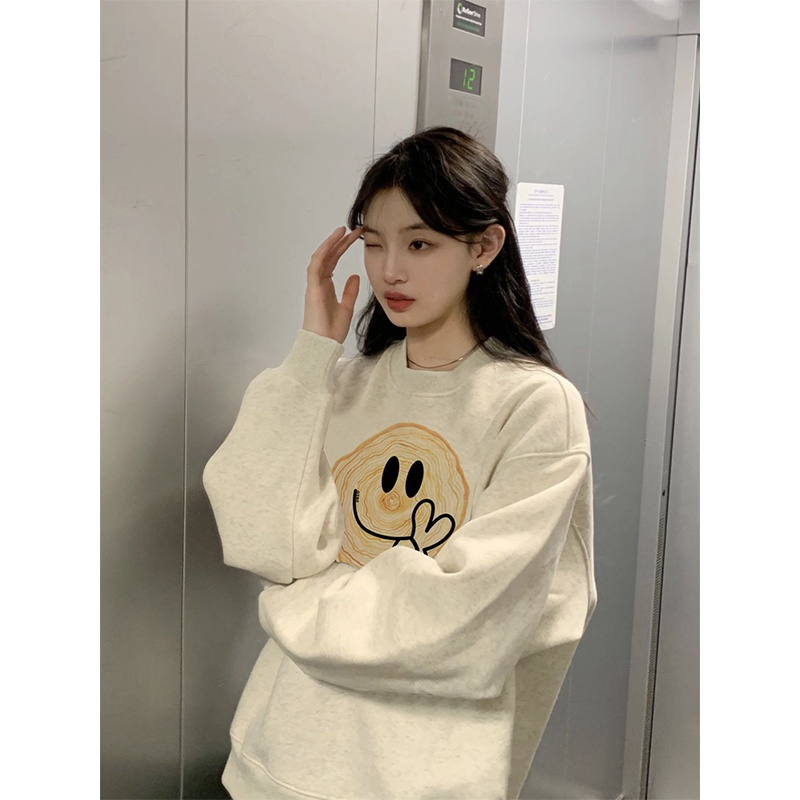 sweater cewek kekinian oversize basic motif printed sweater crewneck import sweater putih