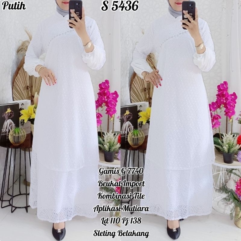 S 5436 #Gamis Brukat Kombi Tile G7740 Putih