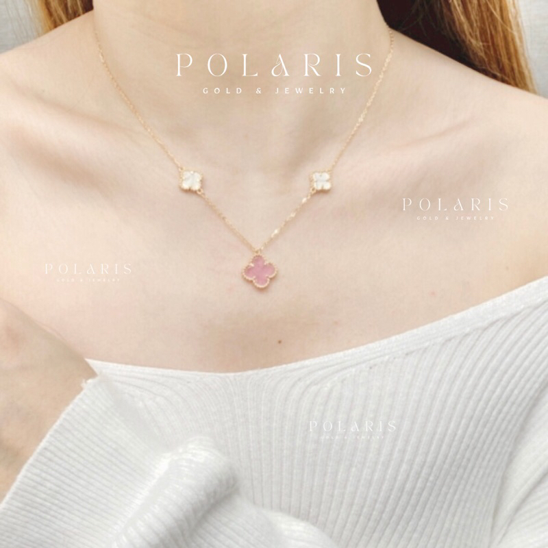 Kalung Rantai Bunga Clover Alhmbraa Pink Putih Perhiasan Emas Kuning Kadar Emas Tua 16K/700 KL5B