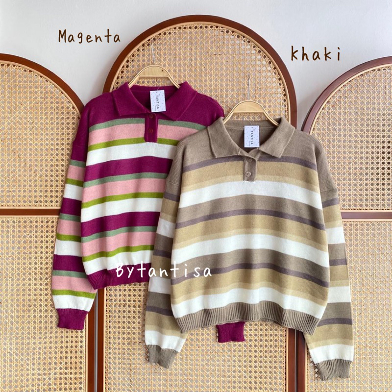 ATASAN POLO RAJUT FRUITY MOTIF GARIS KOMBINASI