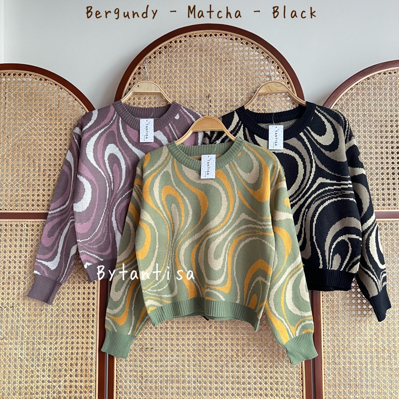 ATASAN RAJUT CROP MOTIF AURORA KOMBINASI WARNA