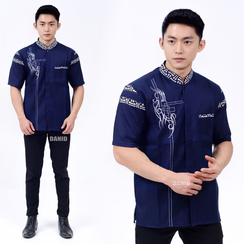 Baju Koko Pria Bordir Warna Biru Navy Ukuran M L XL