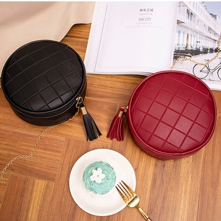 Tas Selempang Wanita Tas Wanita Sling Bag Wanita Bulat Kulit PU Tali Rantai Rumbai COD Azgalery T116