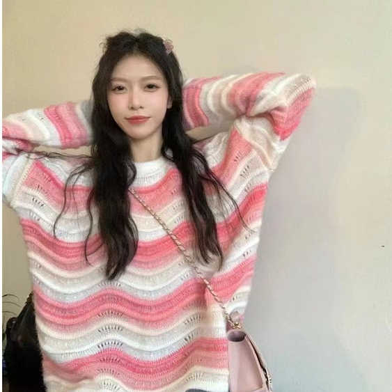 YIU YIU Rajut - Atasan Rajut Wanita Oversize Lengan Panjang Sweater Crewneck Knit