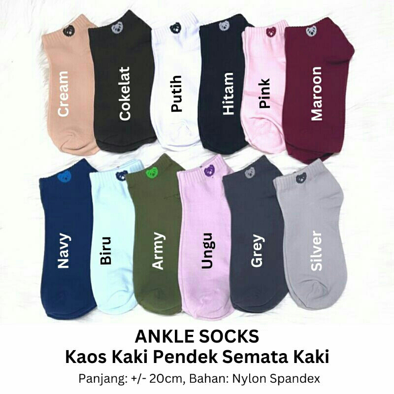 Kaos Kaki Pendek Semata Kaki Polos Casual Murah (Ankle Sock) Kaos Kaki Olahraga Jogging, Senam, Sport, Lari