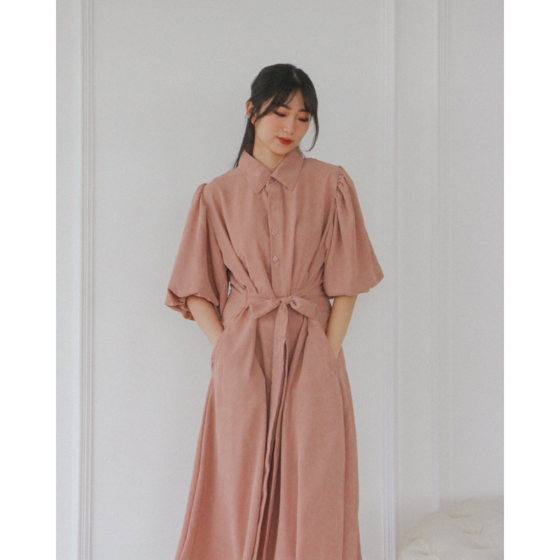 KANON - Maeda Shirt Dress - Dress kemeja midi lengan balon vintage korean look