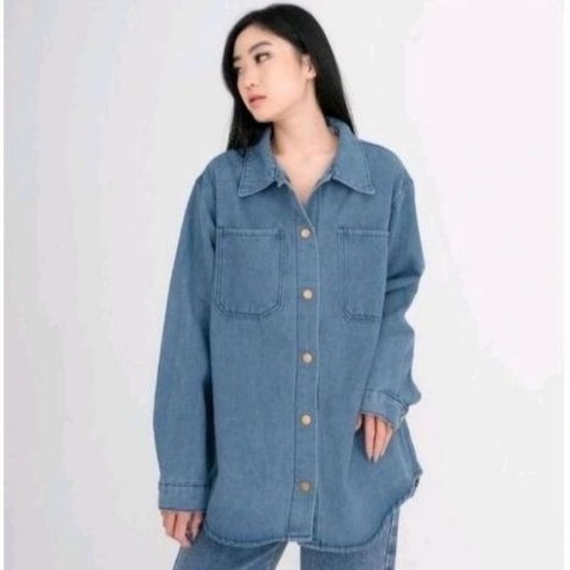 Kemeja Jeans Denim Wanita Oversize Korean Style