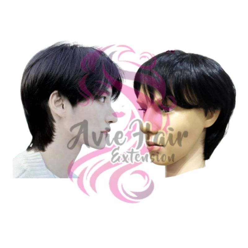 Wig Premium Pria Poni Pendek Gaya Oppa Korea Rambut Palsu Sintetis Laki Laki Lurus Murah Warna Hitam