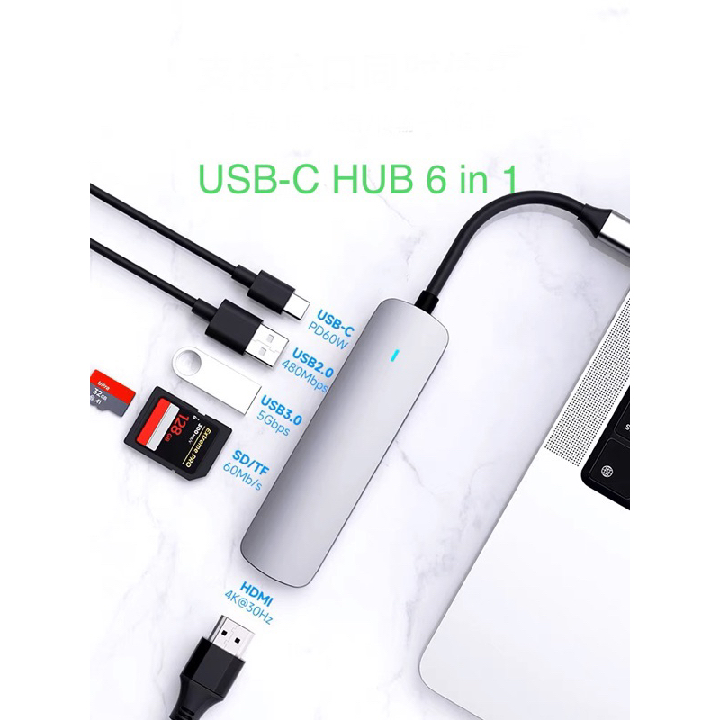 High Quality USB C HUB Type C HUB 6 in 1 Windows, Macbook, Ipad, Android, 4K HDMI, OTG, PD, Fast Charging