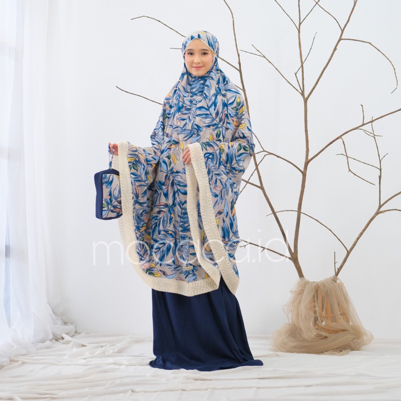 Mukena Dewasa Jumbo 2 in 1 Kayana Motif Bahan Rayon Premium Jatuh Adem Ponco Pouch Tas Sleting Cream - royal blue biru navy