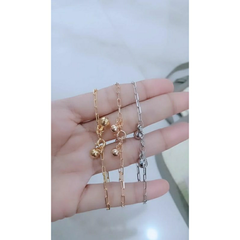 gelang tangan rantai paperclip+2bel/perak asli silver 925 lapis emas/perhiasan fashion wanita terbaru