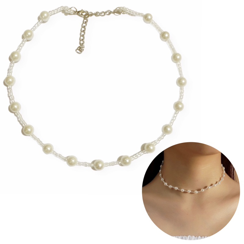 Bethany Korean Pearl Choker Glass Beads Necklace Kalung Mutiara Manik Glossy Gaya Korea Style