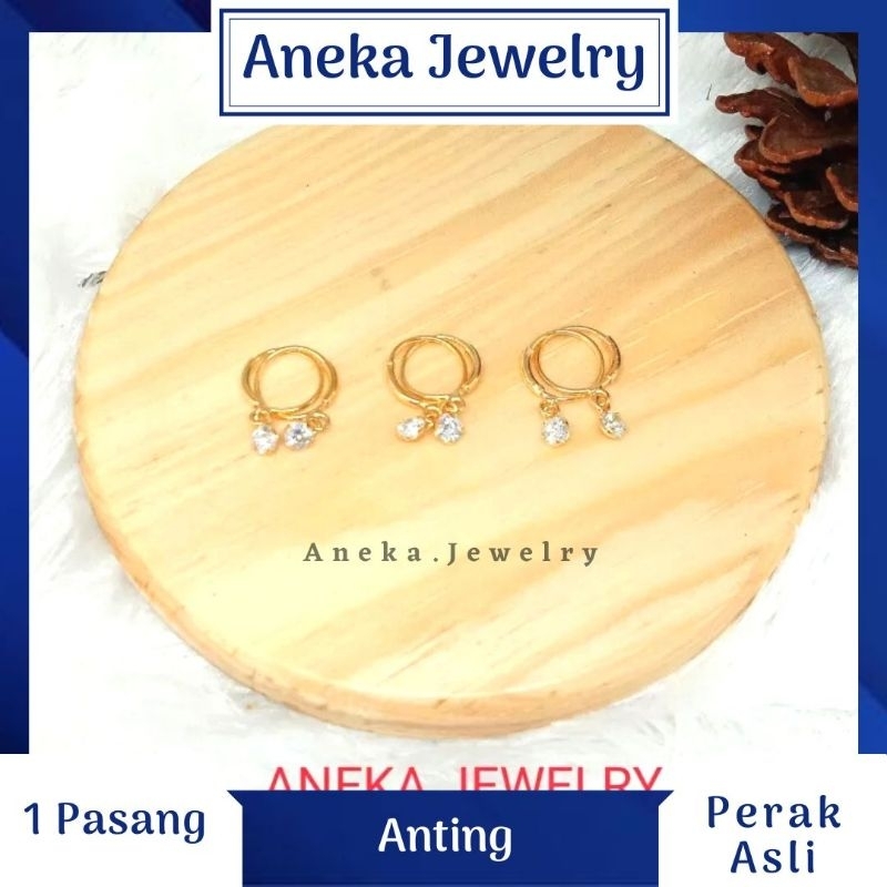 Anting Knip Mata 1 Gantung, Sepuh Emas Kuning, Perak 925