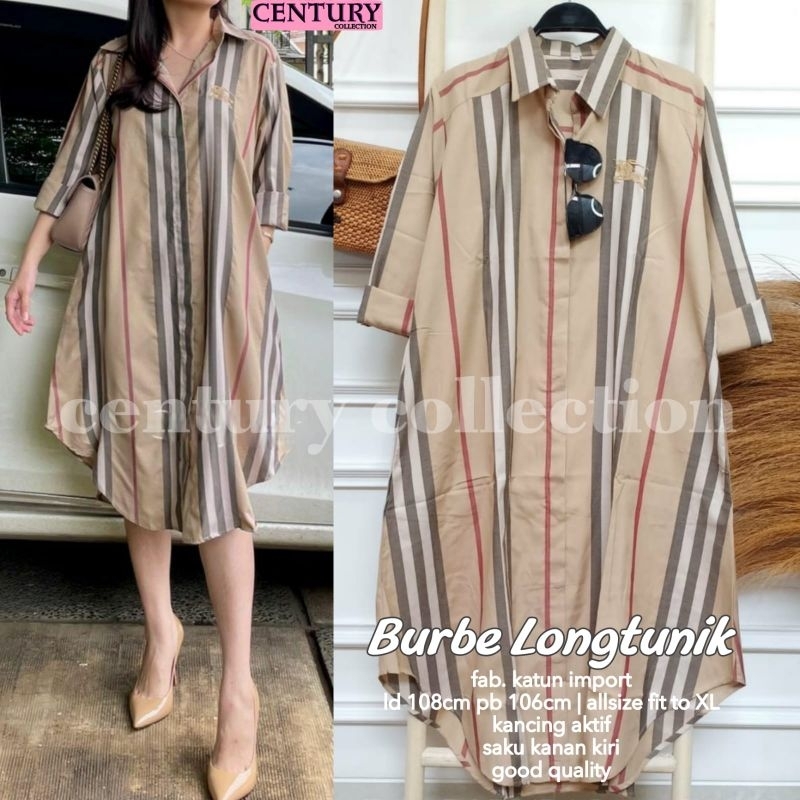 BURBE LONG TUNIK/TERUSAN DRESS MIDI TUNIK MOTIF GARIS/BLOUSE BAJU KEMEJA WANITA JUMBO/KATUN IMPORT L