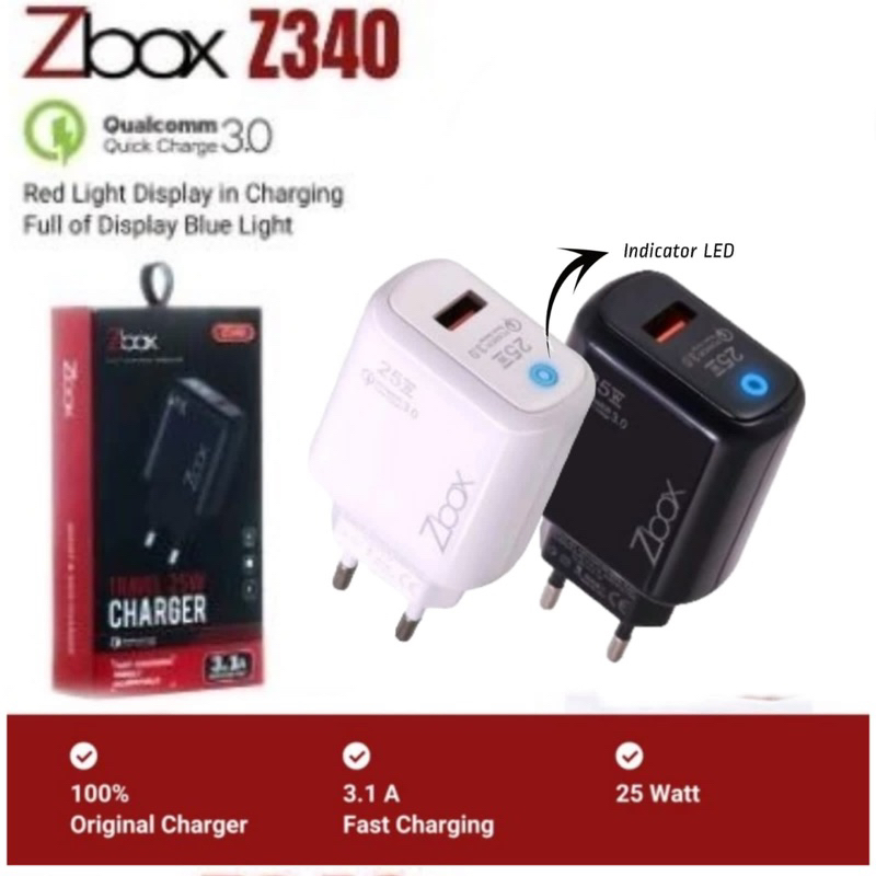 Z-BOX340 SMART ADAPTER CHARGER 25W + KABEL TYPE C ADAPTOR LED QC3.0 25 WATT FAST CHARGING 3.1A